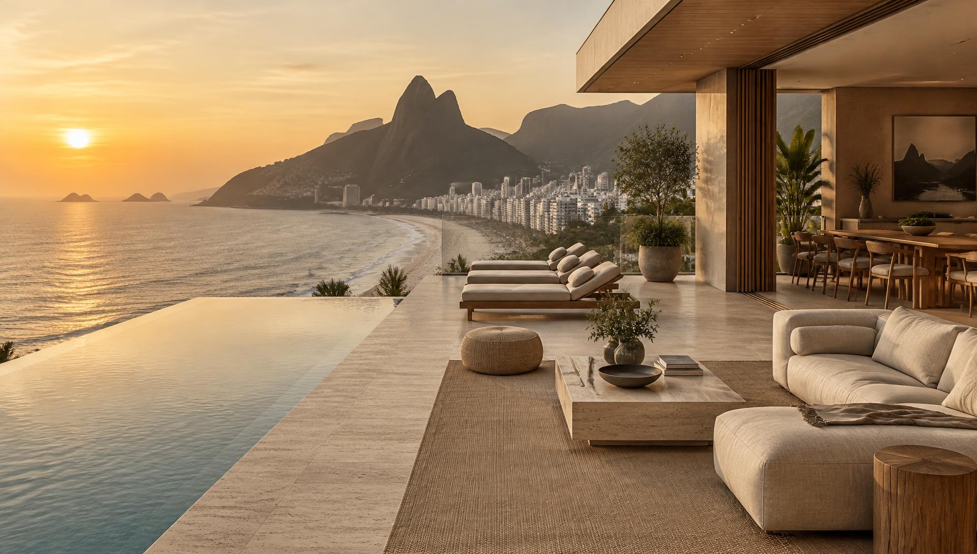 Terraço de cobertura com piscina e vista para a praia de Ipanema ao entardecer