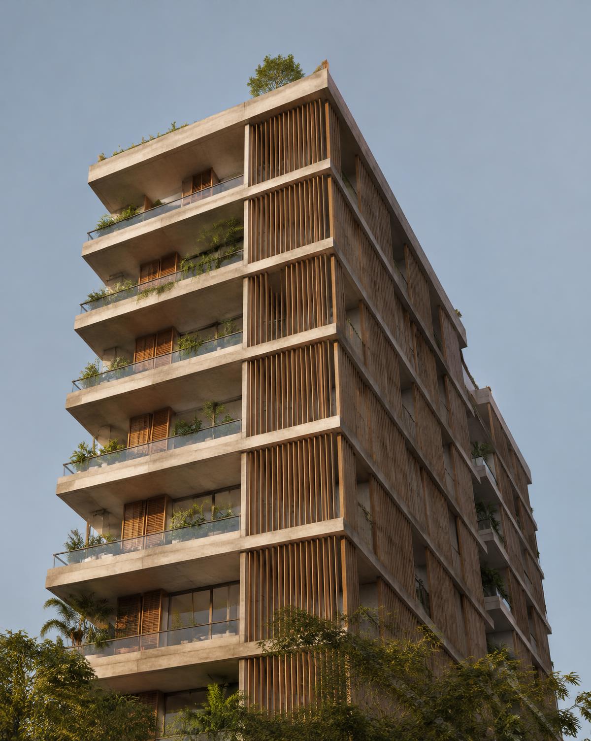 Fachada de edifício residencial com brises de madeira e varandas com plantas